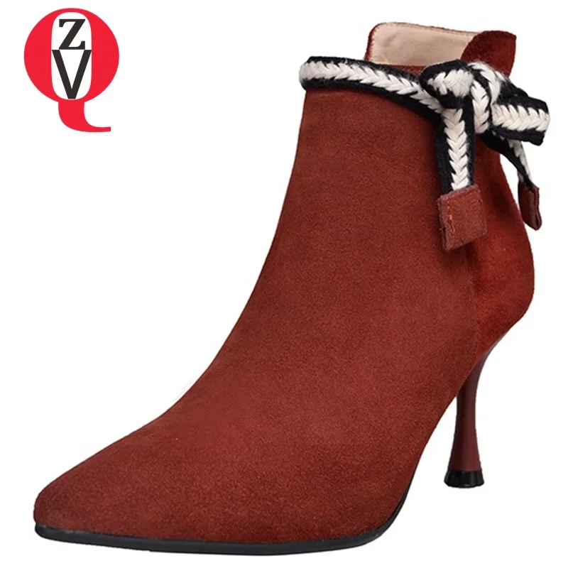 

ZVQ 2018 winter new fashion sexy cow suede party women shoes super high thin heels zipper mixed colors pointed toe ankle boots