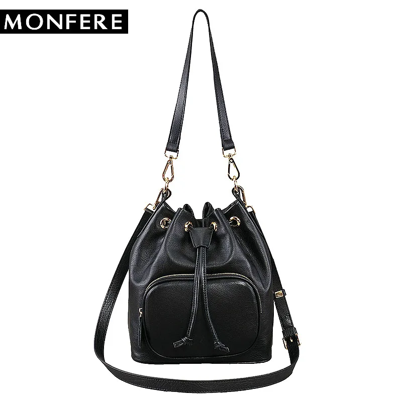 

SC Woman Bucket Bags Genuine Leather Handbags Drawstring Front Pocket Crossbody Street Fashion Leather Bags Messenger Bags