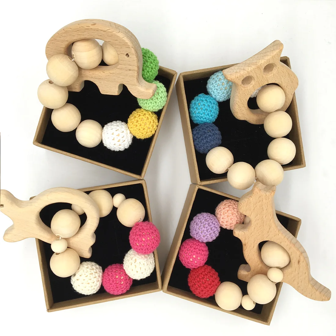 

5pcs Eco Friendly Baby Bird Fox Teething Dummy Chain Teether Animal Baby Bracelet Rattle Owl Elephant Wooden Crochet Holder