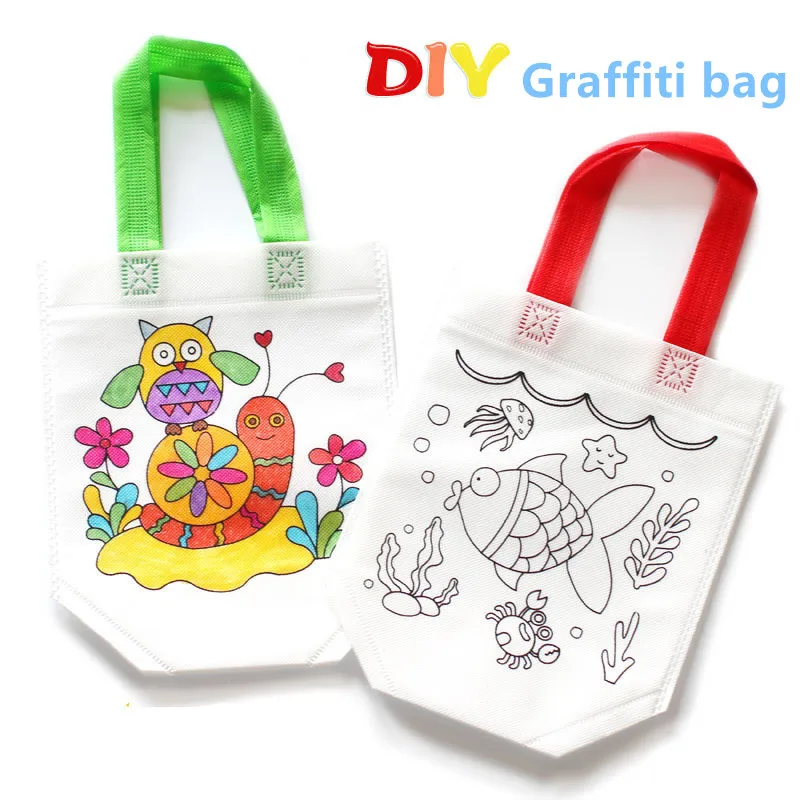 

10pcs DIY Graffiti Handbag Kids Cloth Painting Bags with Picture Coloring Drawing Toys Kindergarten Educational Craft material