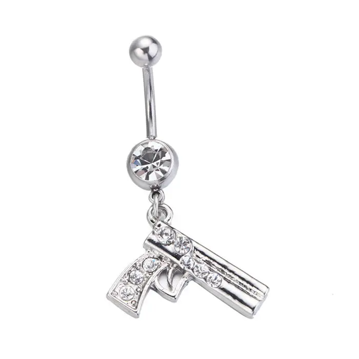 White belly button rings 14G Steel Clear Crystal Gun Dangle Belly