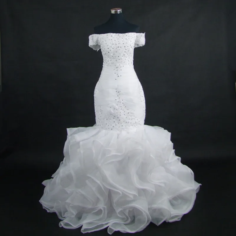 

2019 The Latest African Short Sleeves Pearls Beaded Ruffles Mermaid Wedding Dress Bridal Gown Vestido De Noiva
