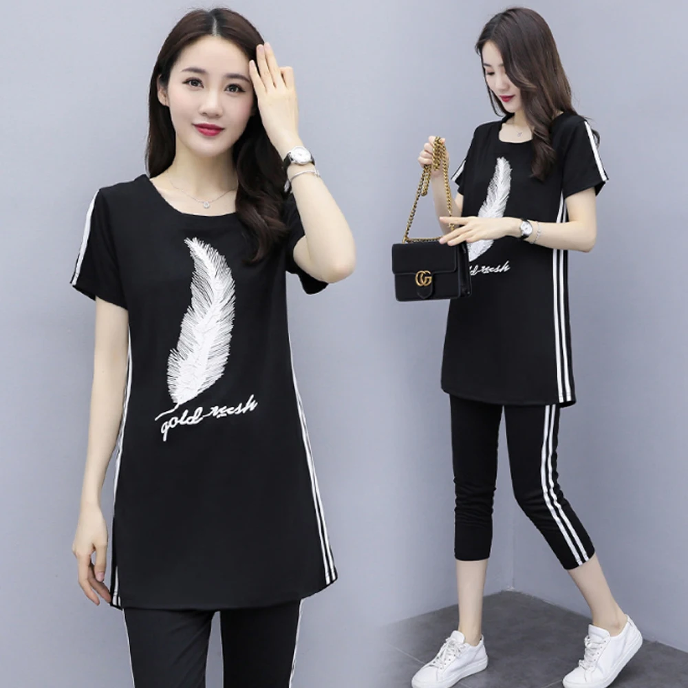 

Summer new style Large size L-5XL sports and leisure suit Printed short-sleeved top + cropped trousers two-piece suit