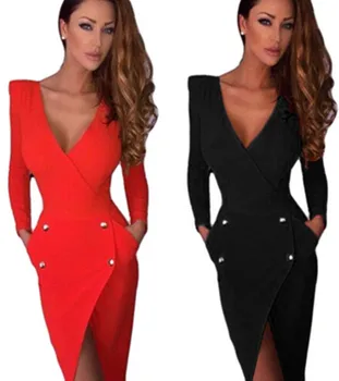 

New Hot Women's Sexy Double-breasted Deep V-neck Halter Long Sleeved Irregular Hem Split Tight Dress