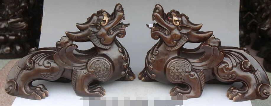 

bi002768 China FengShui Folk Bronze Coin PiXiu Pi Xiu Brave Troops Beast Statue Pair