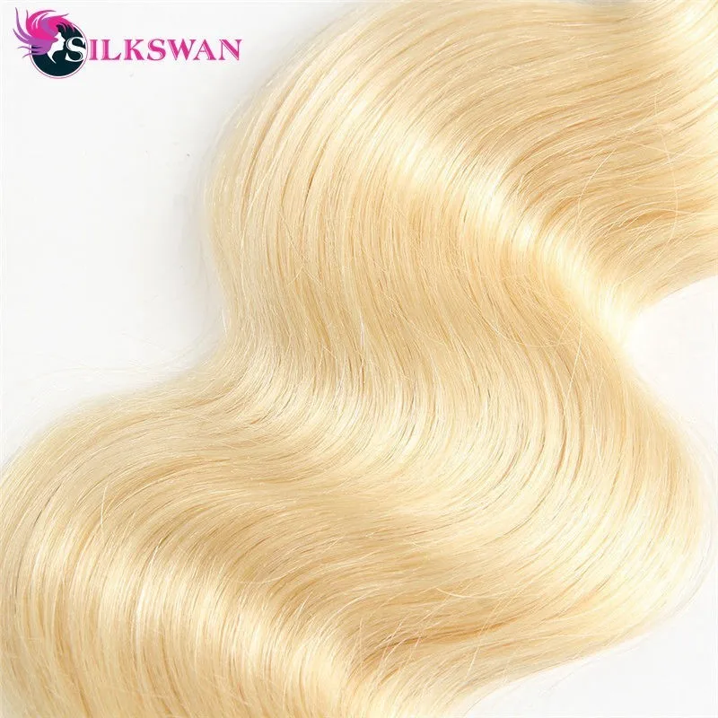 Silkswan Remy Hair Blonde Color Hair Wefts 3 Bundle with 13*4 Ear to Ear Lace Frontal Closure Indian Human Hair Blonde 613 Hair