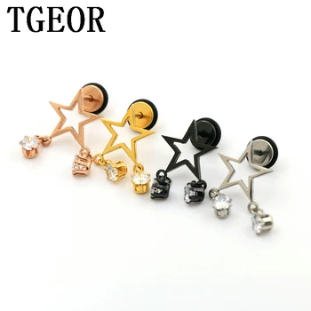 

free shipping illusion cheaters 30pcs 16G Stainless Steel star dangle 2 crown cubic CZ zircons ear piercing fake plugs