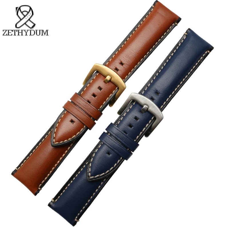 Кожаный браслет из натуральной кожи, Прошитый ремешок для часов 20, 22, 24 мм, мужские наручные часы, синий, коричневый цвет, ремешок для часов с застежкой