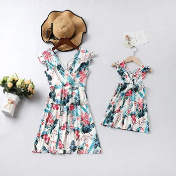 

PPXX Summer Floral Girl Women Dress Mother Daughter Family Matching Formal Party Wedding Dress Clothing Family Look V neck