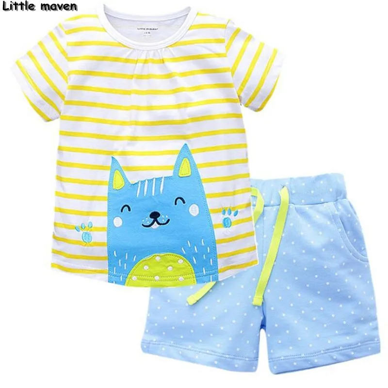 

Little maven brand children clothing 2018 new summer baby girl clothes pretty cat print children's cotton clothing sets 62010
