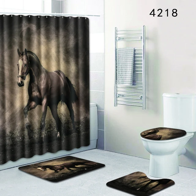 HomeMiYN Bath Mat Horse Bathroom Decoration 4 Pcs Bath Rugs Mats Anti Slip Shower Curtain With 12 Hooks Waterproof Bathroom Sets