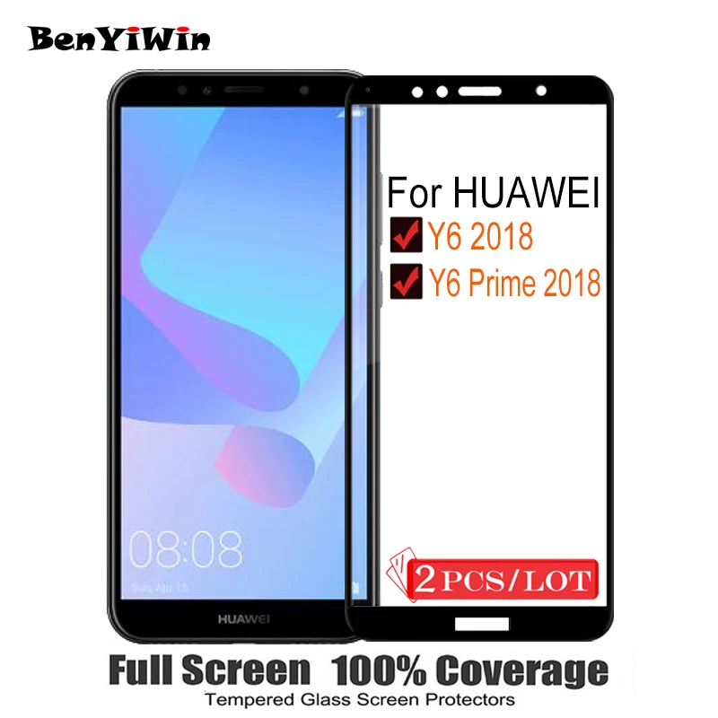 

2PCS 100% Original Full Cover Tempered Glass for Huawei Y6 Prime 2018 9H Screen Protector Protective Film Case For Y6 2018 Glass