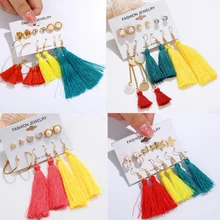 Mixstyle, женские серьги с длинной кисточкой для девушек, набор,, богемные, синие, желтые, бахрома, серьги-гвоздики, корона, геометрическое сердце, жемчуг, Brincos