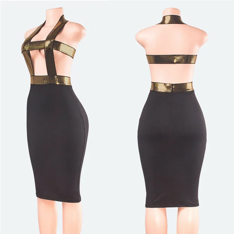 

Women's Bandage Sleeveless Gold Cross Sexy Cutout Off Shoulder Dress Cocktail Club Short Dress HOT