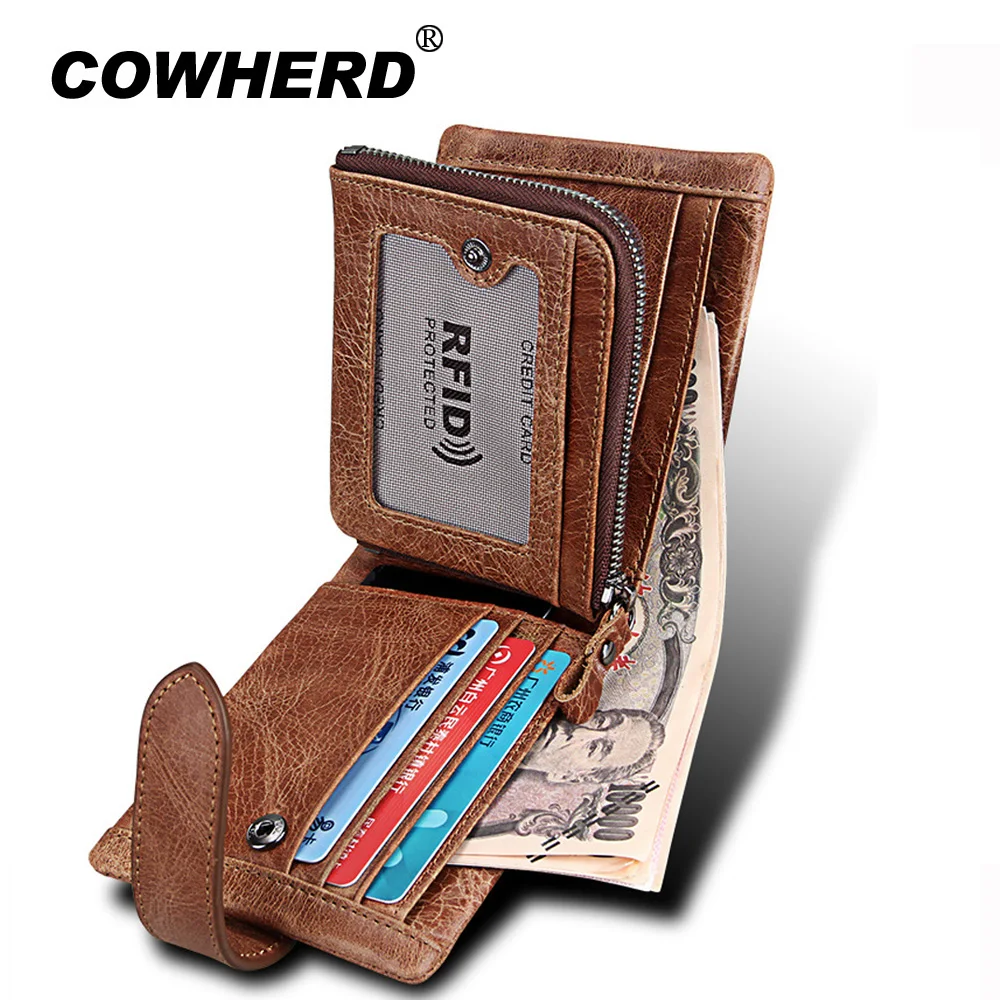 

Man's Purse Genuine Cow Leather Short Wallet With Zipper Coin Bag Brand Male Credit ID Card Holder RFID Portefeuille Homme
