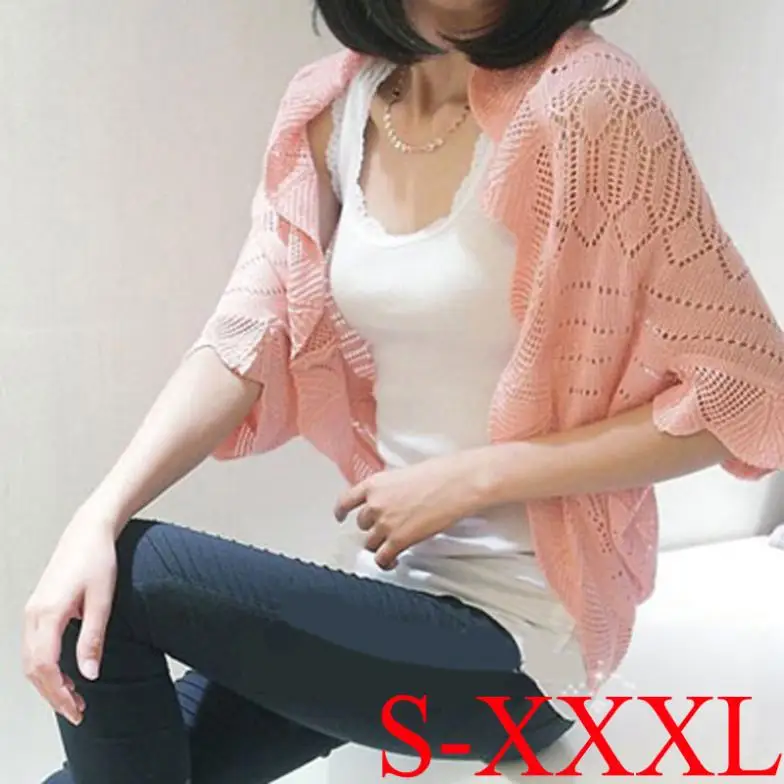 جديد 2015 نساء عارضة blusas tricotado سترة النساء أزياء الصيف الكروشيه البلوزات قصيرة الأكمام محبوك سترة رقيقة 241