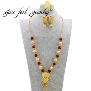 

JUST FEEL Trendy Flowers Jewelry Set Plant Necklace/Ring/Earrings For Women Crystal Balls Gold Color Africa/Eritrea/Arab Jewelry