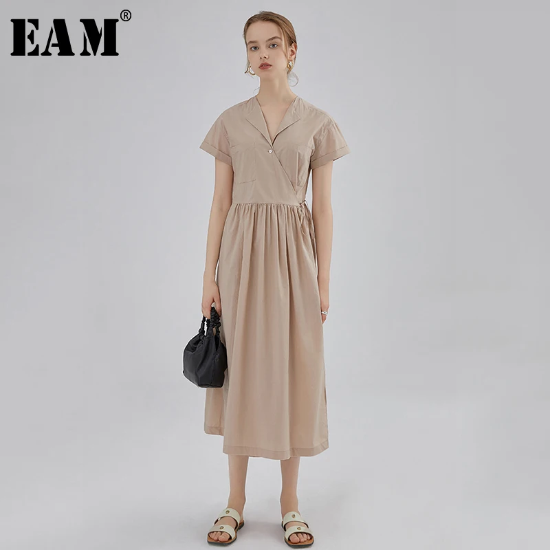 

[EAM] 2020 New Spring Summer Turn Down Collar Short Sleeve Brief Draped Bandage Temperament Dress Women Fashion Tide JX659