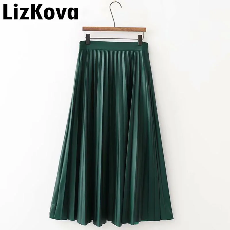 

Faux Leather Pleated Skirt High Waist Green Midi Skirt Women Vintage Long Faldas Saia Fashion Streetwewar