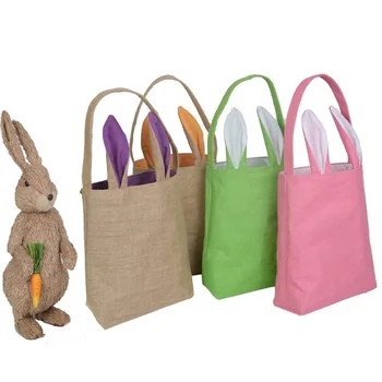 

100PCS/Sets Cute Cotton Burlap Bags Rabbit Ear Shape Gifts Easter Bunny Bags For Kids In New Year Birthday Party Decoration