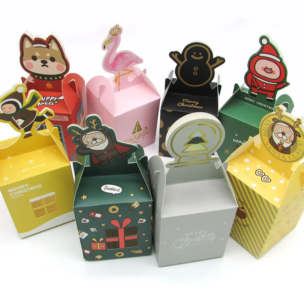 

Cartoon Flamingo Santa Claus Christmas Candy Box with Window Paper Striped Dot Gift Packaging Box Xmas Party Favors Package Bag