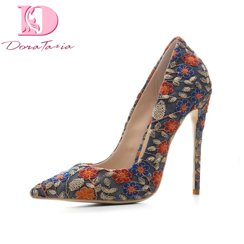 

DoraTasia New women's Thin High Heels slip-on Pointed Toe Embroider Shoes Woman Casual Party Pumps Plus Size 33-45