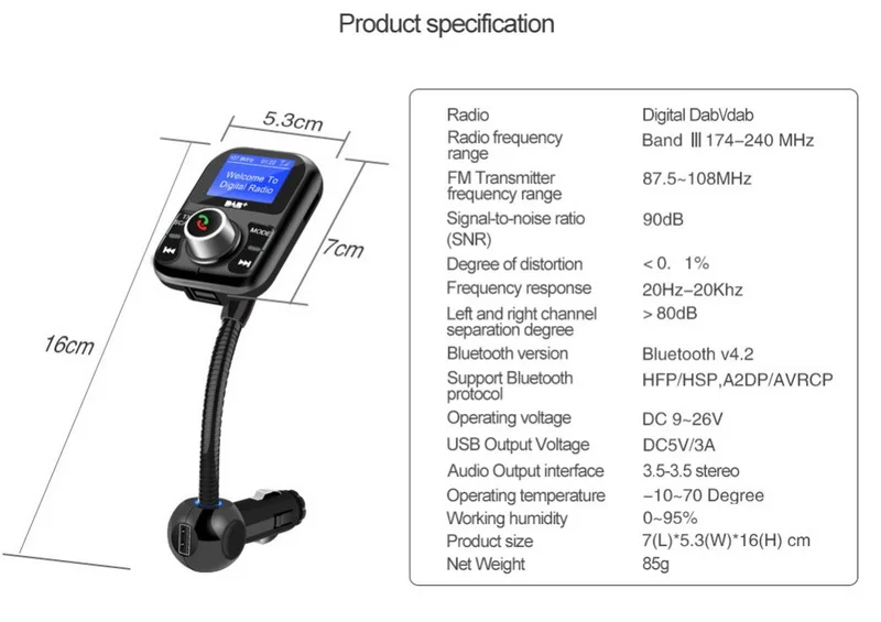 MP3 цифровой плеер DAB/DAB+ приемник антенна Bluetooth зарядки Порты TF USB без использования рук, fm передатчик, автомобильный набор, ЖК-дисплей Дисплей