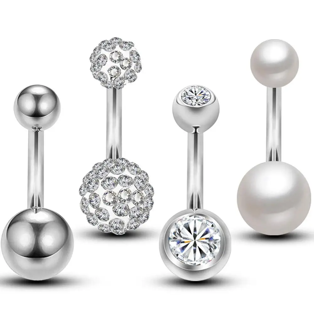 4pcs 14G 316L Stainless Steel CZ Nipple Piercing Barbell Belly Button Ring 