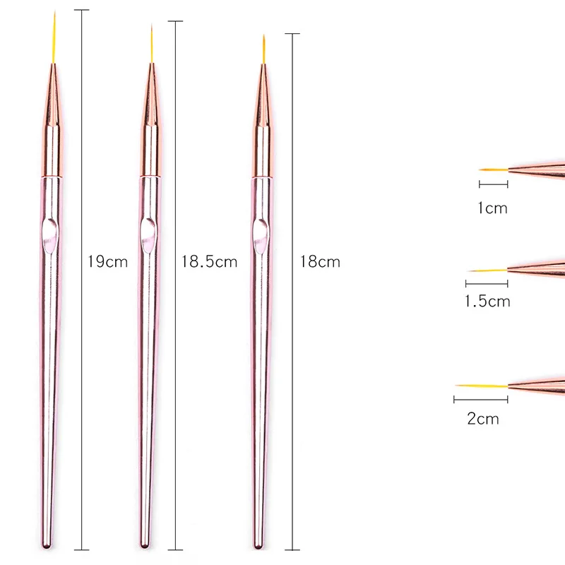  3Pcs/set Rose Gold Nail Art Lines Painting Pen Brush UV Gel Polish Tips Flower Lines Stripe French 