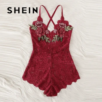 

SHEIN Sexy Cross Appliques Lace Teddy Romper Hot Women V Neck Sleeveless Embroidery Intimate Appliques Lingerie Rompers Onesies
