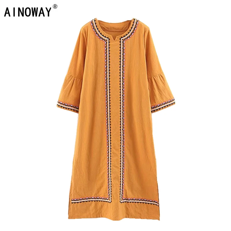 

Vintage Chic women Linen cotton Floral embroidery beach Bohemian midi dress Ladies tassel Summer Boho dress vestidos
