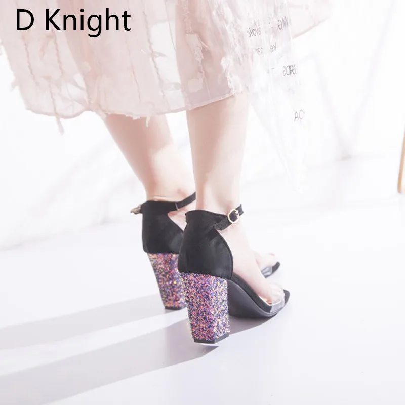 Big Size 52 Women Open Toe Strappy Ankle Strap Yellow Black Sandals Bling Transparent Clear Block Thick High Heel Sequined Shoes (31)
