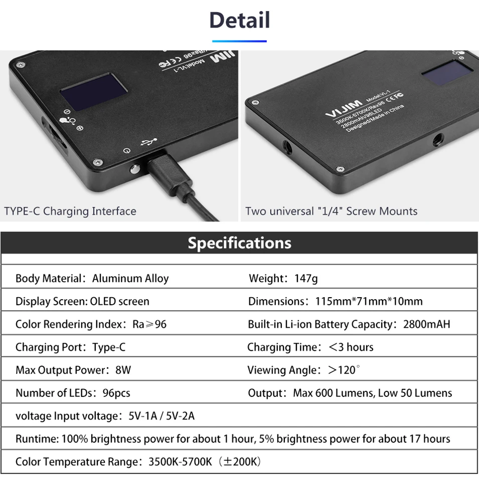 VIJIM VL-1, мини светодиодный светильник для видео, магнитный светильник с регулируемой яркостью для фотографии, 96 Светодиодный s лампа W Холодный башмак, высокий CRI96
