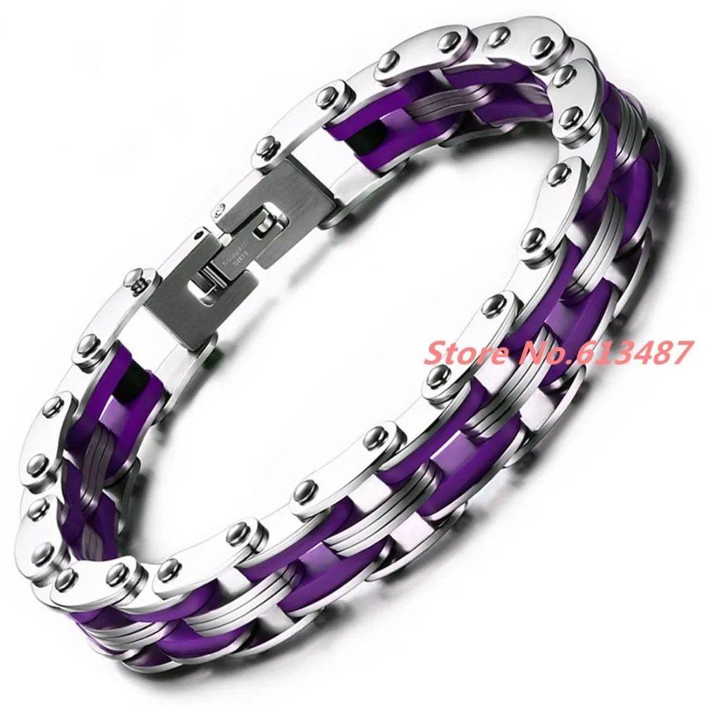

Wholesale 8.26" 10mm Mens Womens Bangle Purple Silicone & Silver 316L Stainless Steel Fashion Wristband Cuff Bracelet Xmas Gift