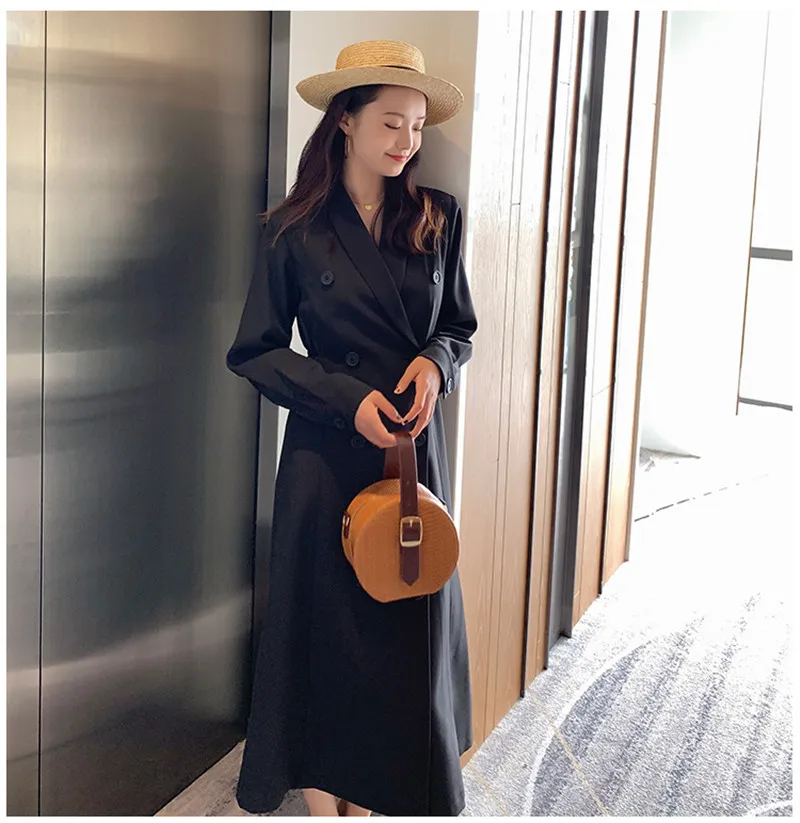 2019 корейский весна осень ретро лацканы двубортный минималистский Британский ветер Длинный блейзер костюм женские тренчи x853