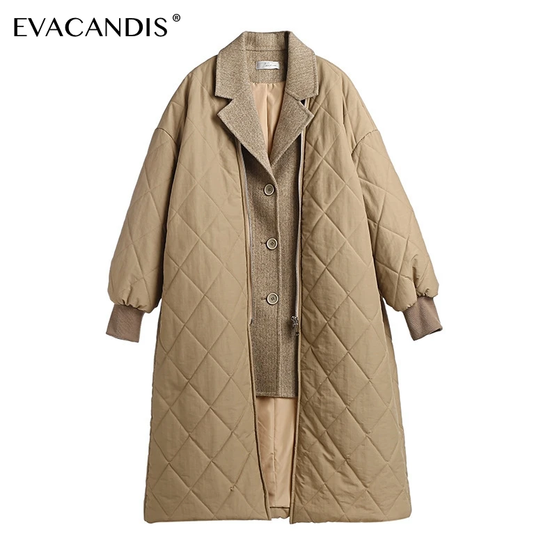 Длинная зимняя куртка цвета хаки, Женская парка, пальто в Корейском стиле с воротником, имитация двух частей, винтажное офисное толстое теплое пальто