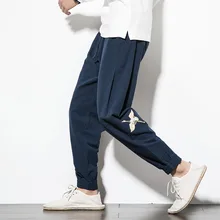 Chinese style embroidery feet pants men cotton and linen loose casual pants autumn retro crane embroidery bouquet foot pants Chinese style embroidery feet pants men cotton and linen loose casual pants autumn retro crane embroidery bouquet foot pants
