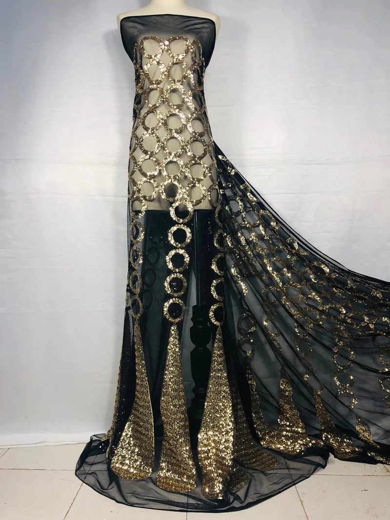 

Free shipping (5yards/pc) black and gold African French net lace fabric sequis embroidered tulle lace for party dress FL3960