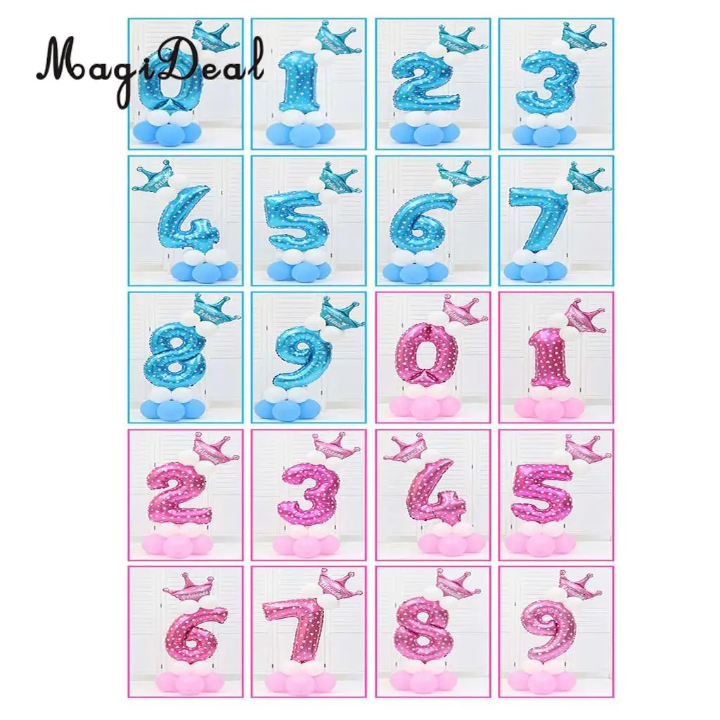 MagiDeal All Numbers 0 to 9 Prince Princess Crown Tiara Balloons Column Set Birthday Baby Shower Arch Garland Decor