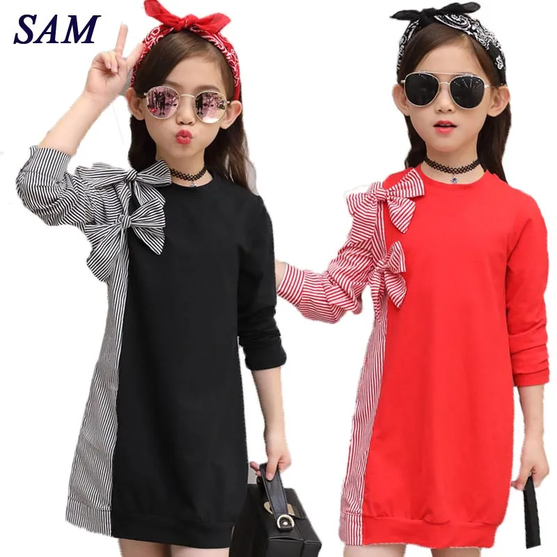 2018 Autumn Fashion Big Girls Dress Children's Bow Tie Stitching Striped Shirt Long Sleeve Dresses Kids Cute Clothes 2018 Autumn Fashion Big Girls Dress Children's Bow Tie Stitching Striped Shirt Long Sleeve Dresses Kids Cute Clothes