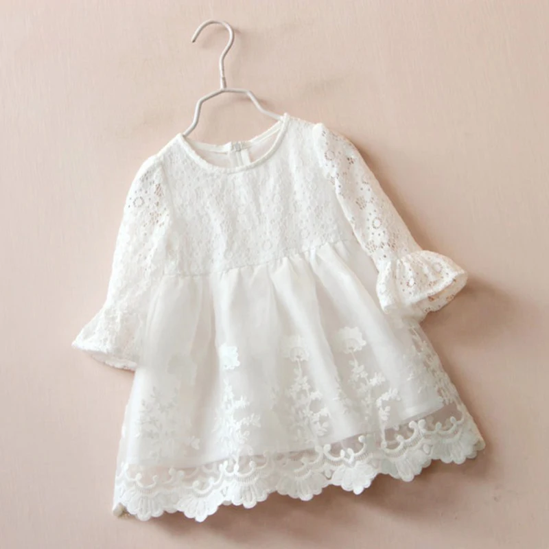 

White Baby Girls Dresses Princess Cosyume Long Sleeve Lace Voile Cotton Cute Children Clothing A-Line Floral Toddler Girl Dress