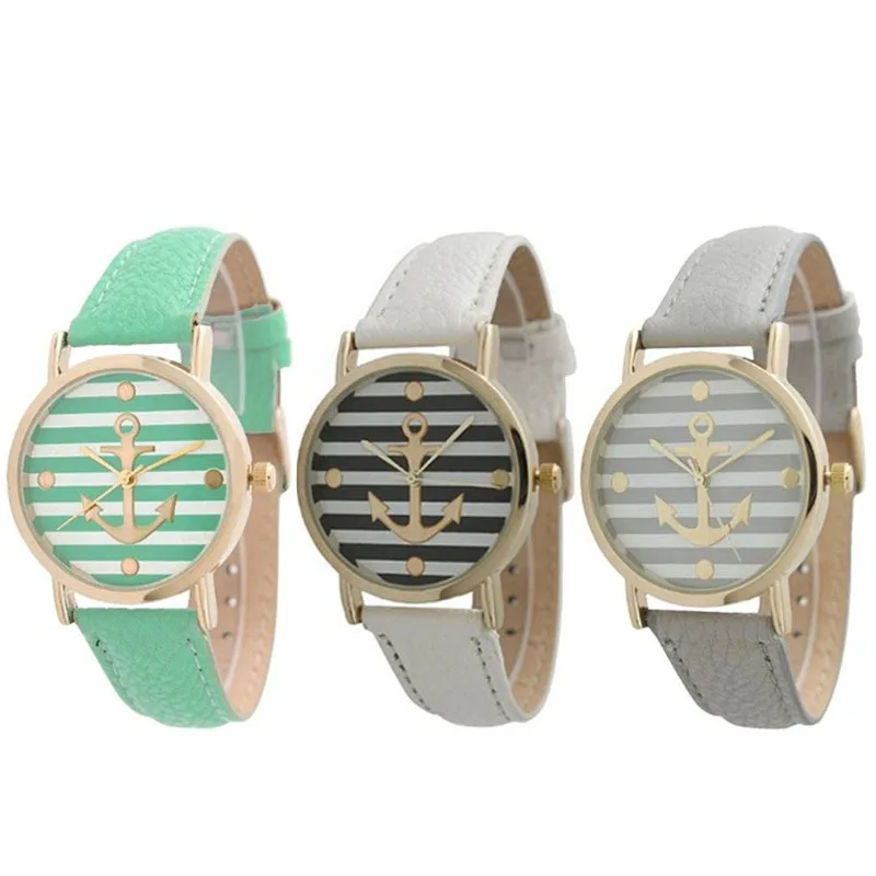 

2016 Hot sale Luxury brand Quartz watches Women's Striped Anchor Style Leather Wristwatches Ladies Young Sports Watches & Clocks