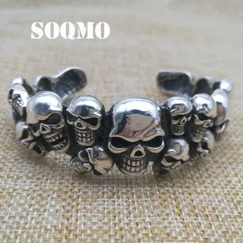 

SOQMO 100% 925 Silver Punk Matte Skull Bangles For Men Brushed Skull Charm Link Chain Brecelet Male Gothic Jewelry SQM014