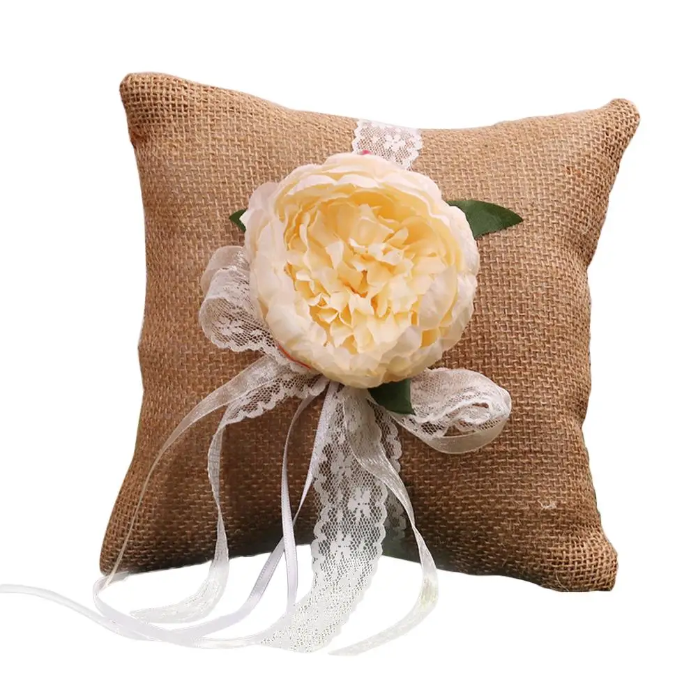 

European Wedding Ring Pillow Burlap Jute Bow Antique Wedding Decoration Ring Pillow Party Decoration