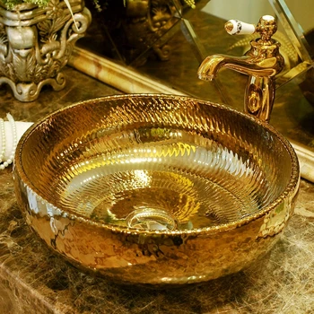 

Golden Glazed Art porcelain Counter top Bathroom Sink Lavabo ceramic Washbasin hand painted vessel sinks bathroom sink