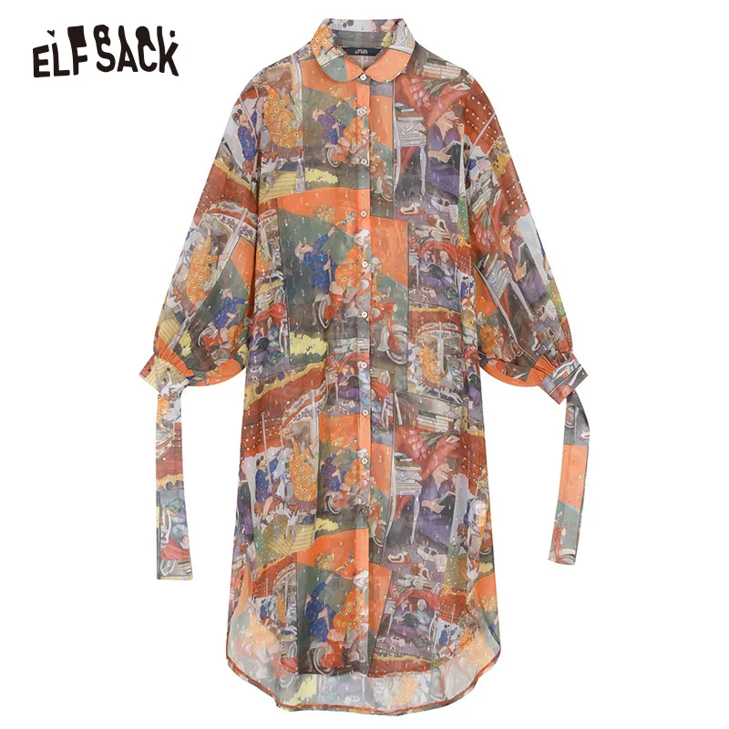 Женская шифоновая рубашка ELFSACK белая Повседневная Блузка с винтажным принтом