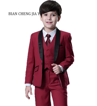 

Wine red Boys' Suits High quality Wedding Children Suits Handsome Slim fit Shawl collar Dress Party Ring bearer Formal occasion