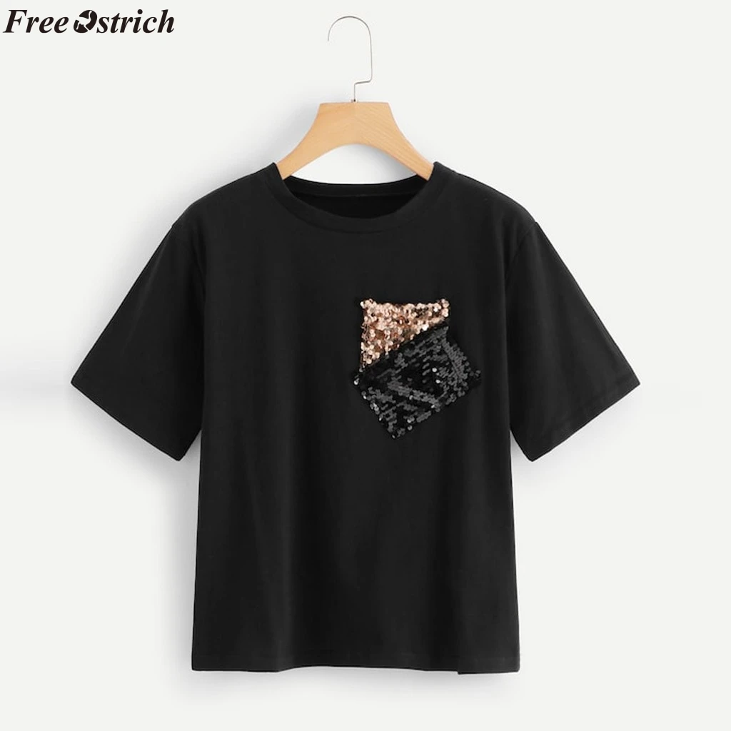 

FREE OSTRICH women fashion sequins stitching O-neck T-shirt new Ladies casual summer pocket short-sleeved T-shirt tops plus size