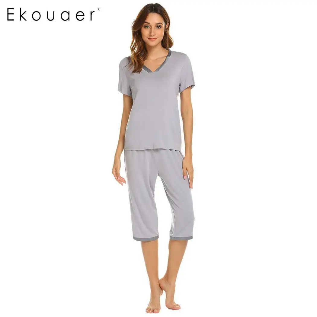 Ekouaer Women Casual Pajamas Set Nightwear Short Sleeve Tops And Capri Pants Pajama Sets Sleepwear Female Home Clothings S-XXL