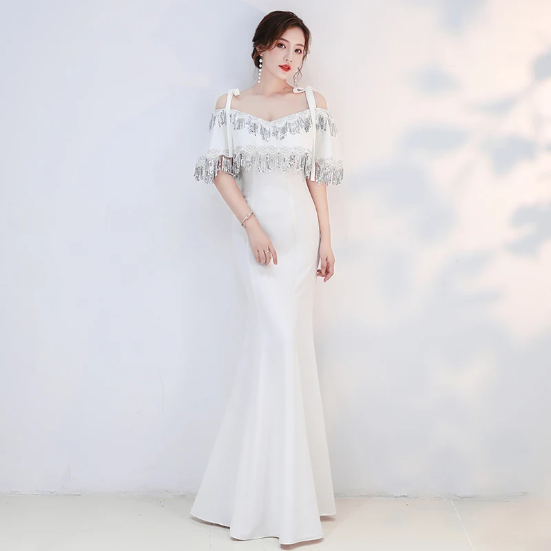

Deep V-Neck Sexy Female Fishtail Dress Floor Length White Elegant Evening Gowns Slim Stage Show Dresses Off Shoulder Vestidos